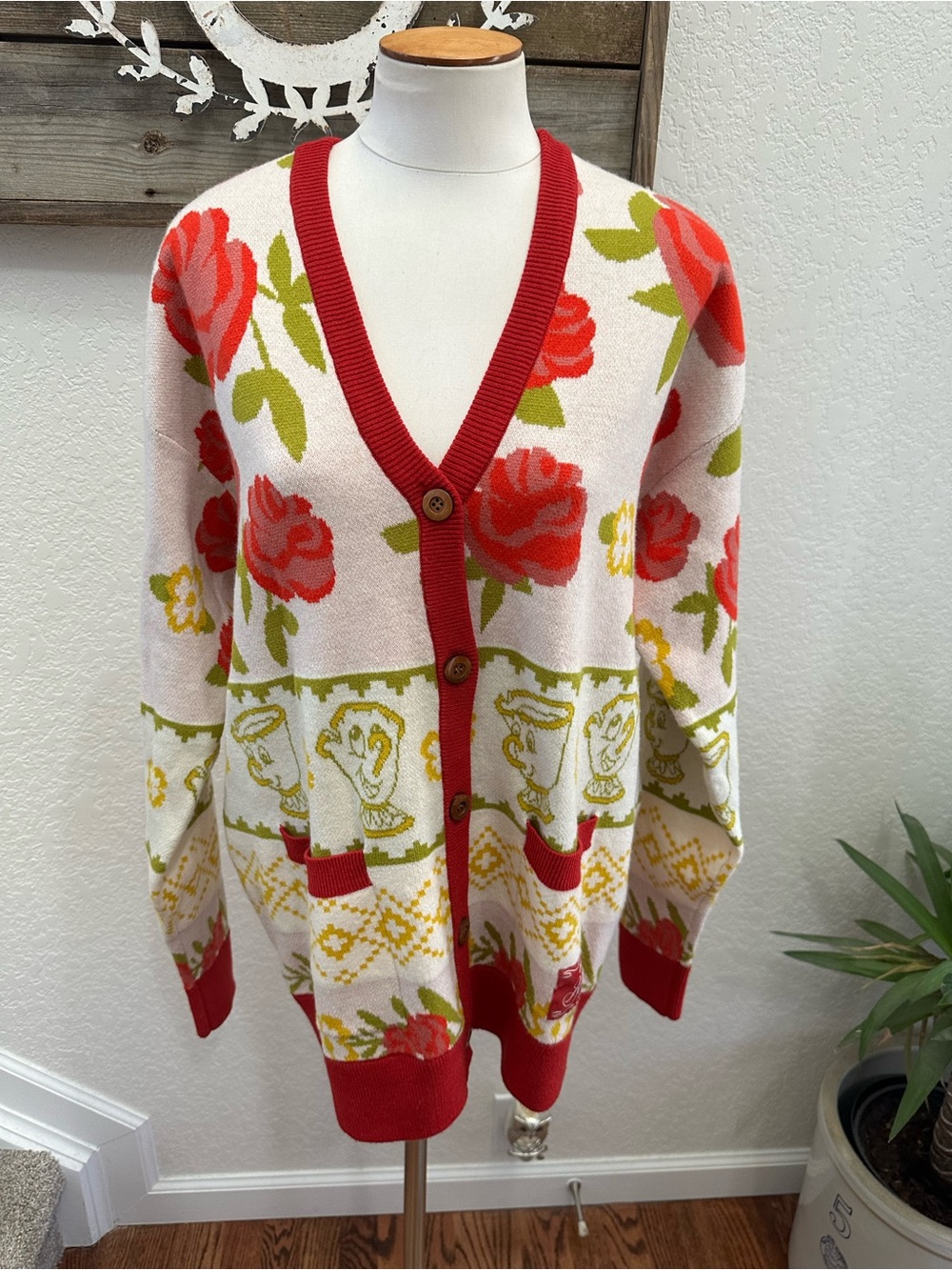Disney Princess Belle Floral Red-Trim Women's Cardigan Sweater M NWT